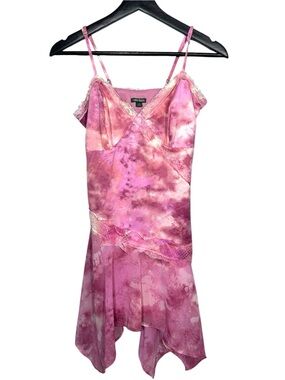 Y2K Fairycore Coquette Pink Ombré Slip Dress Lace Trim Handkerchief Hem Sz XS